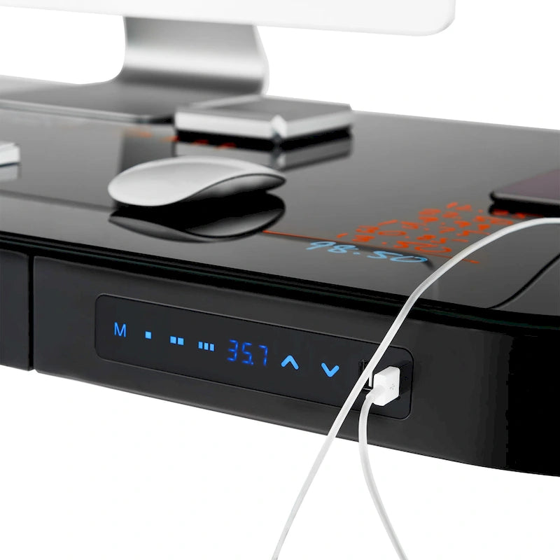 Bureau assis-debout électrique en verre trempé de 120,65 cm avec ports de chargement USB