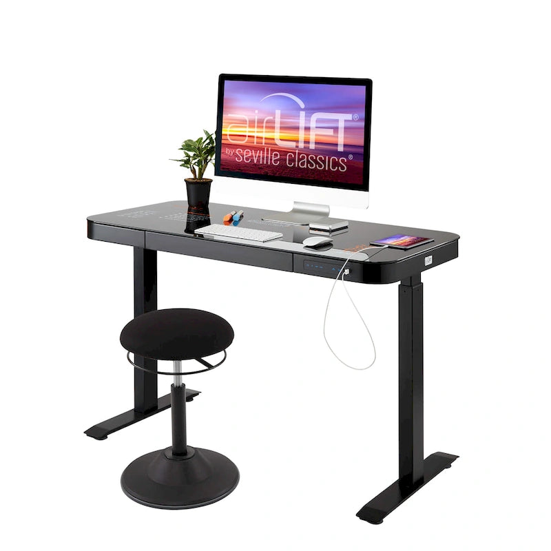 Bureau assis-debout électrique en verre trempé de 120,65 cm avec ports de chargement USB