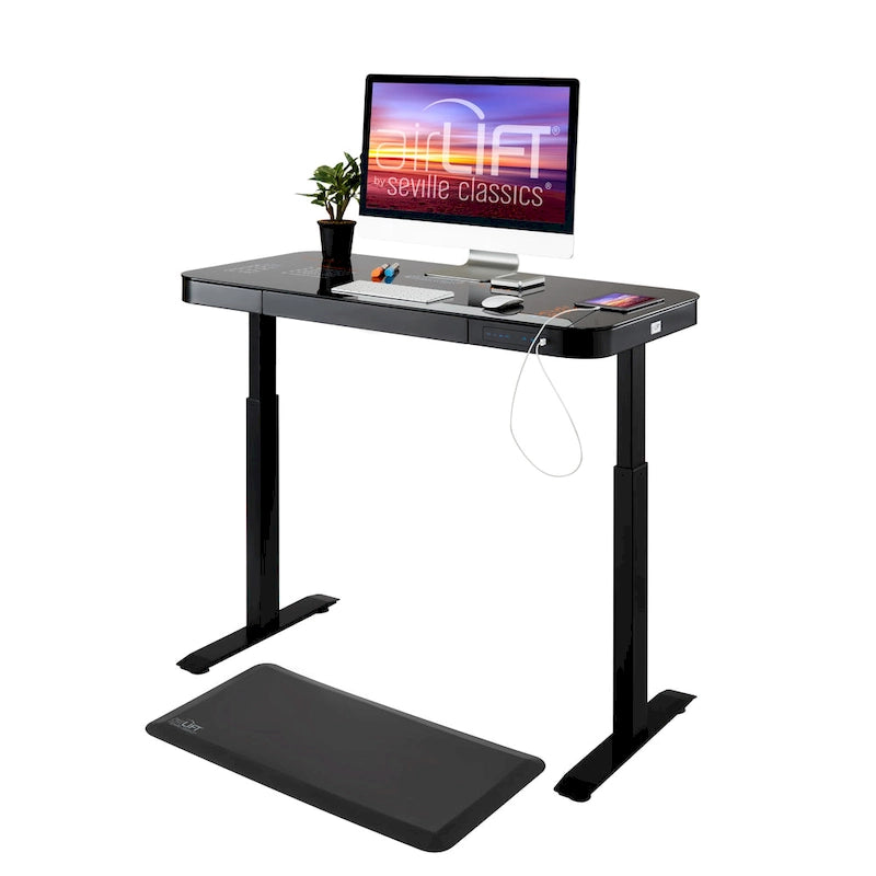 Bureau assis-debout électrique en verre trempé de 120,65 cm avec ports de chargement USB
