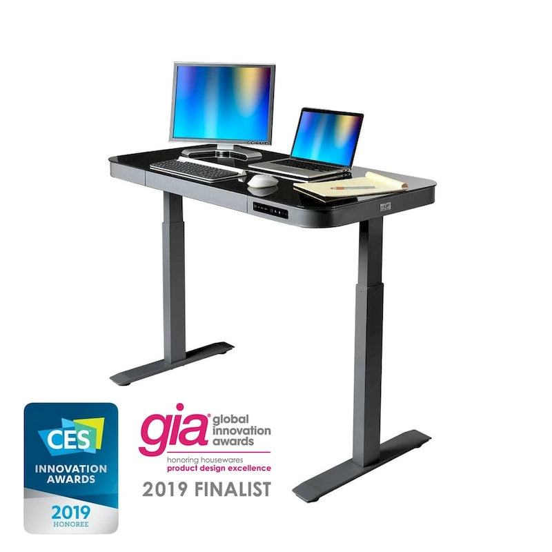 Bureau assis-debout électrique en verre trempé de 120,65 cm avec ports de chargement USB