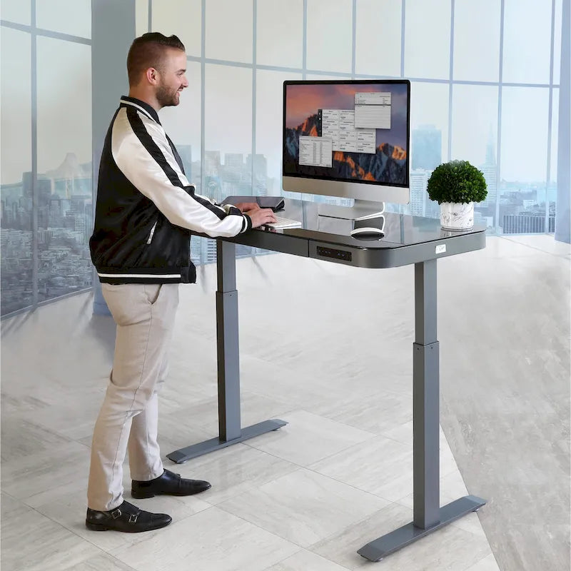 Bureau assis-debout électrique en verre trempé de 120,65 cm avec ports de chargement USB