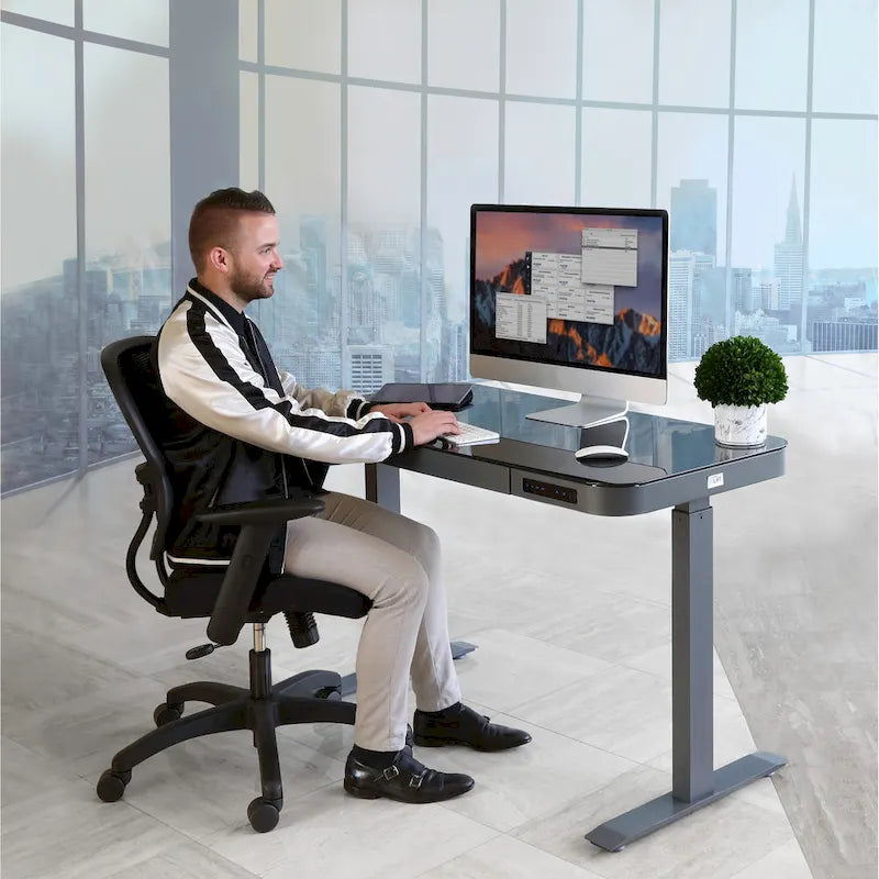 Bureau assis-debout électrique en verre trempé de 120,65 cm avec ports de chargement USB