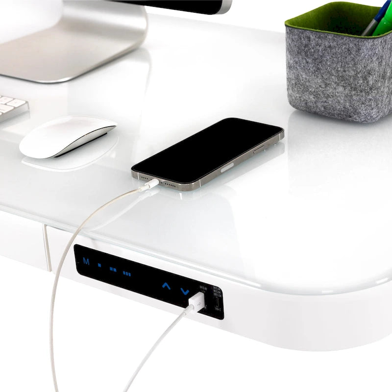 Bureau assis-debout électrique en verre trempé de 120,65 cm avec ports de chargement USB