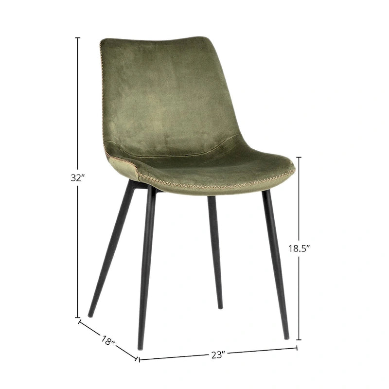 Chaise de salle à manger latérale en velours, pieds coniques noirs, vert olive