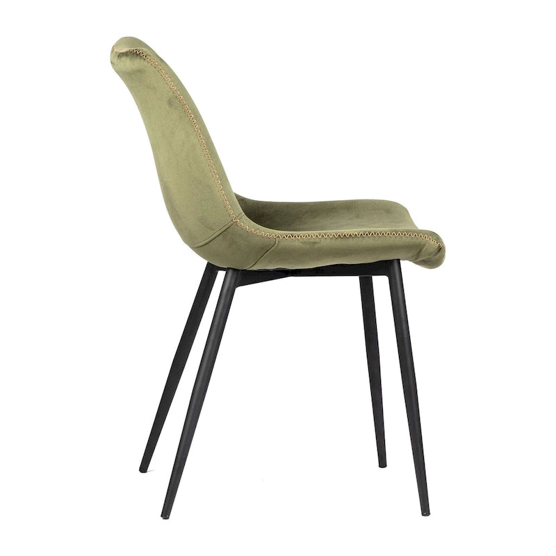 Chaise de salle à manger latérale en velours, pieds coniques noirs, vert olive