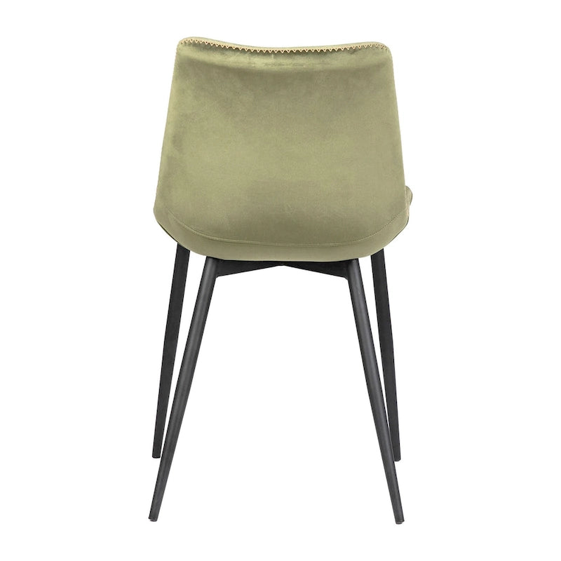 Chaise de salle à manger latérale en velours, pieds coniques noirs, vert olive