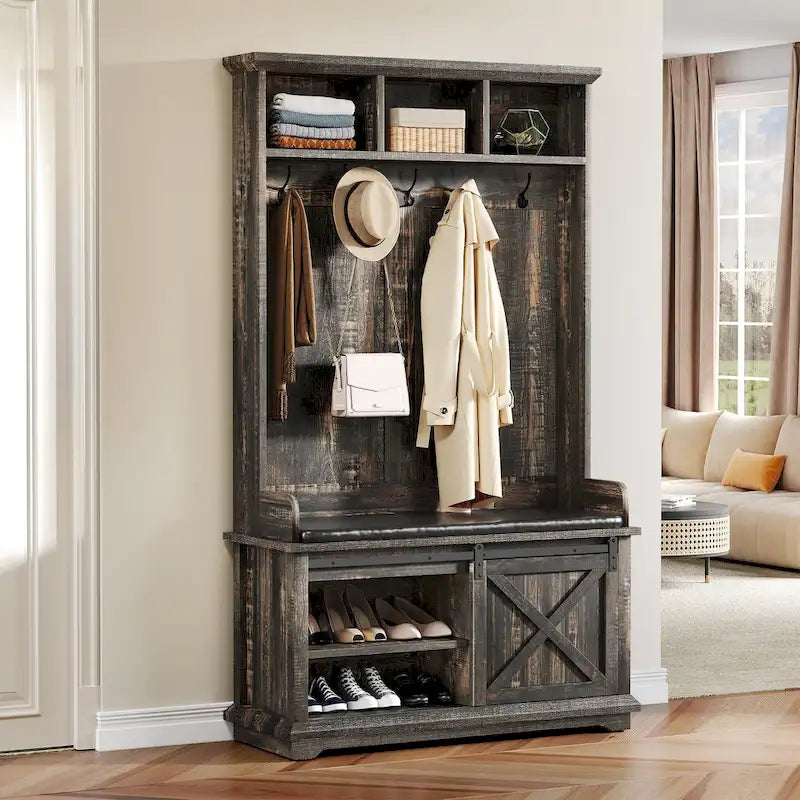 Moasis Hall Tree with Shoe Bench, Coat Rack Organizer for Entryway Hallway