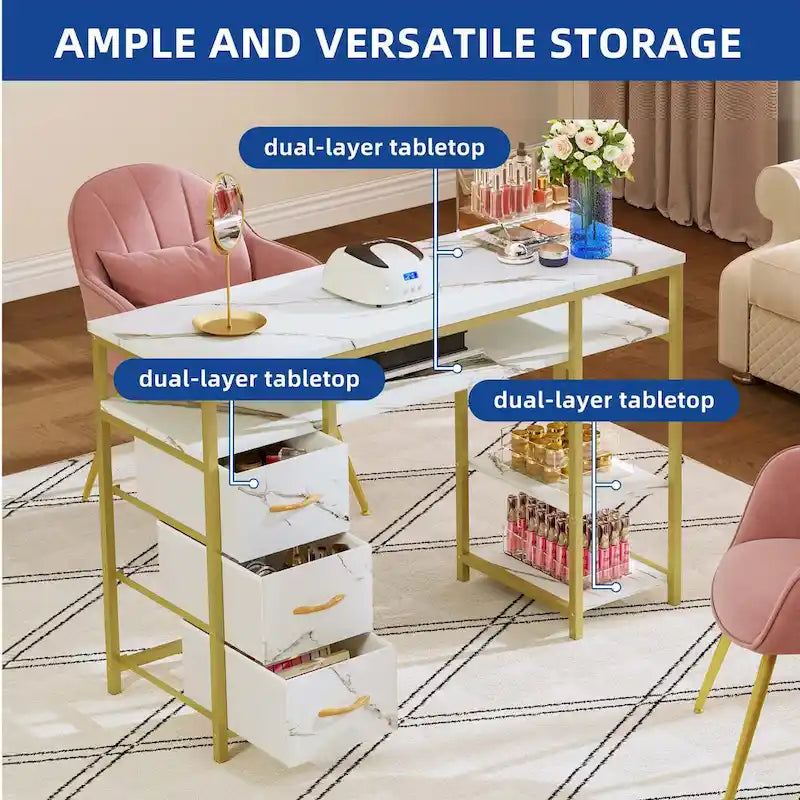Table de maquillage avec 3 tiroirs en tissu et poste de travail de manucure