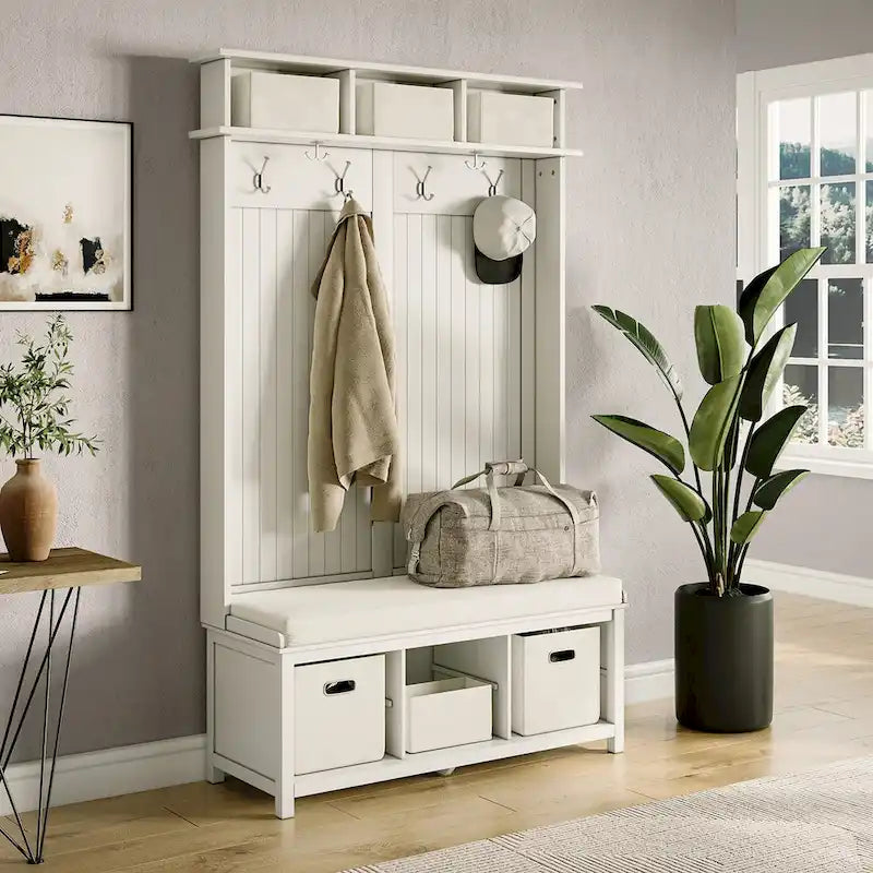 Meuble d'entrée en bois massif avec banc, range-chaussures et 2 bacs de rangement