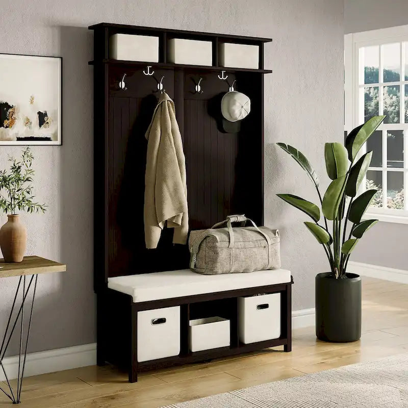 Meuble d'entrée en bois massif avec banc, range-chaussures et 2 bacs de rangement