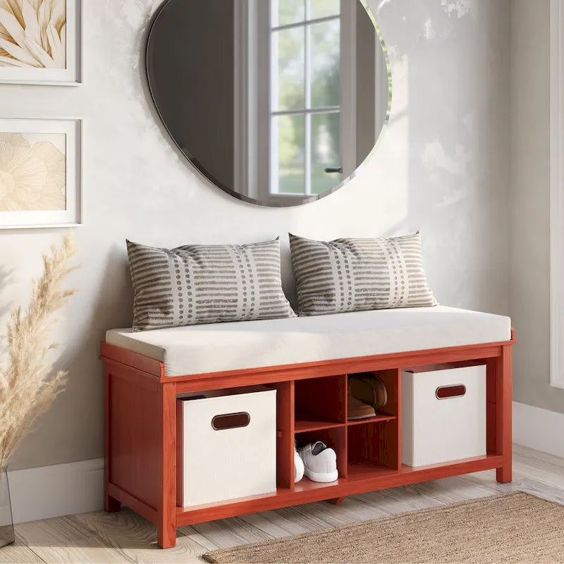 Meuble d'entrée en bois massif avec banc, range-chaussures et 2 bacs de rangement