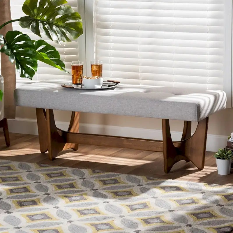 Banc rembourré en tissu style moderne du milieu du siècle, finition noyer - 17,9 po H x 48,8 po L x 18,3 po P