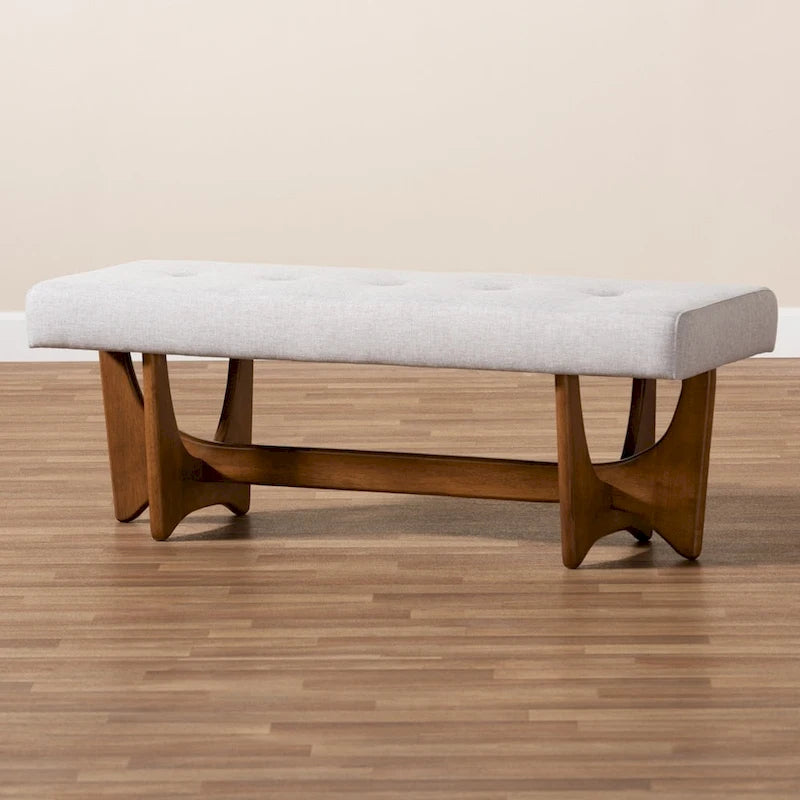 Banc rembourré en tissu style moderne du milieu du siècle, finition noyer - 17,9 po H x 48,8 po L x 18,3 po P