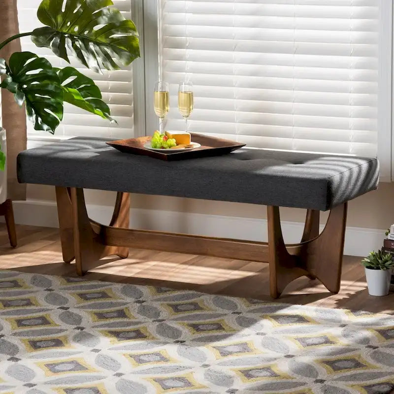 Banc rembourré en tissu style moderne du milieu du siècle, finition noyer - 17,9 po H x 48,8 po L x 18,3 po P