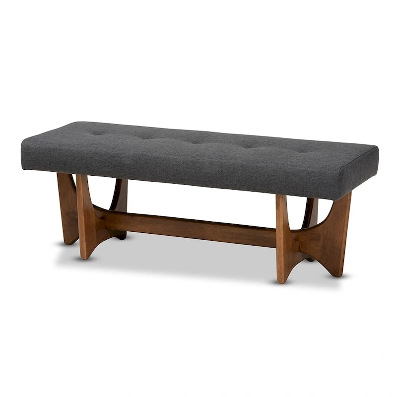 Banc rembourré en tissu style moderne du milieu du siècle, finition noyer - 17,9 po H x 48,8 po L x 18,3 po P