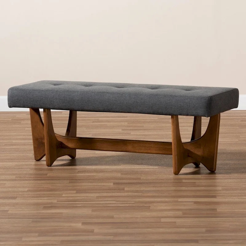 Banc rembourré en tissu style moderne du milieu du siècle, finition noyer - 17,9 po H x 48,8 po L x 18,3 po P