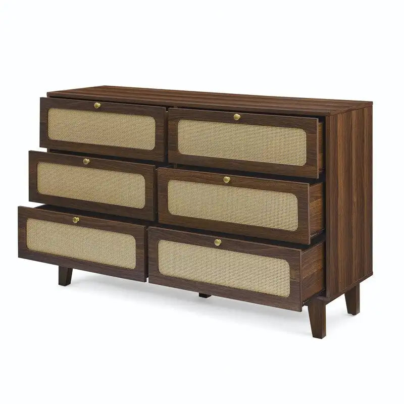 Commode double à 6 tiroirs style bohème moderne du milieu du siècle avec cadre en MDF et pieds en bois massif