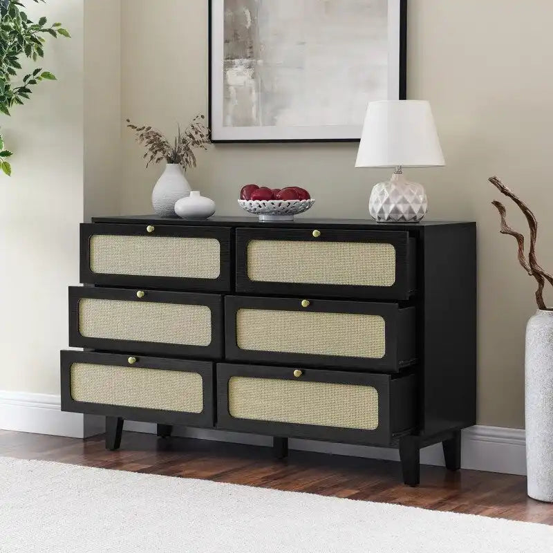 Commode double à 6 tiroirs style bohème moderne du milieu du siècle avec cadre en MDF et pieds en bois massif
