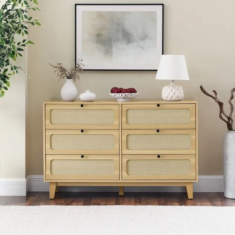 Commode double à 6 tiroirs style bohème moderne du milieu du siècle avec cadre en MDF et pieds en bois massif