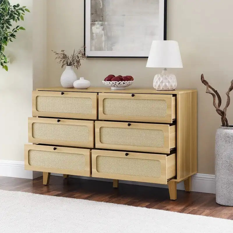 Commode double à 6 tiroirs style bohème moderne du milieu du siècle avec cadre en MDF et pieds en bois massif