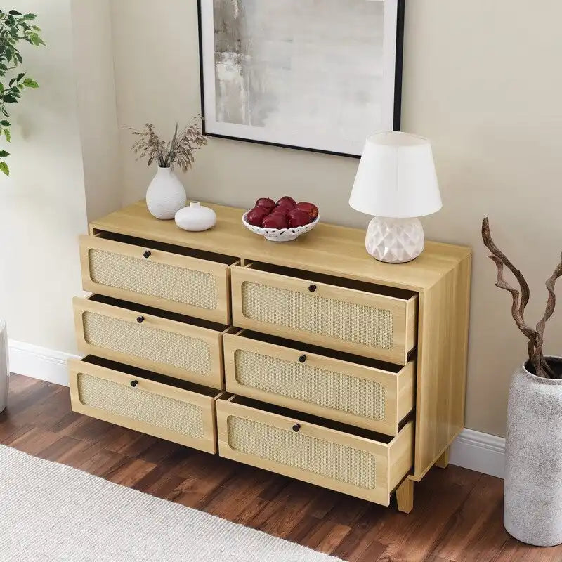 Commode double à 6 tiroirs style bohème moderne du milieu du siècle avec cadre en MDF et pieds en bois massif