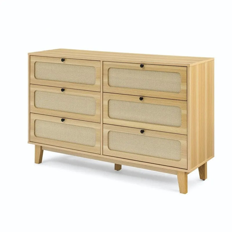 Commode double à 6 tiroirs style bohème moderne du milieu du siècle avec cadre en MDF et pieds en bois massif