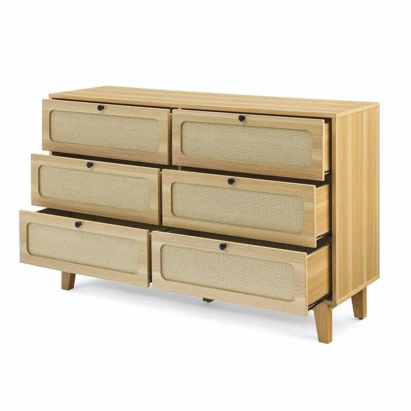 Commode double à 6 tiroirs style bohème moderne du milieu du siècle avec cadre en MDF et pieds en bois massif