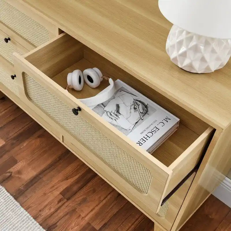 Commode double à 6 tiroirs style bohème moderne du milieu du siècle avec cadre en MDF et pieds en bois massif