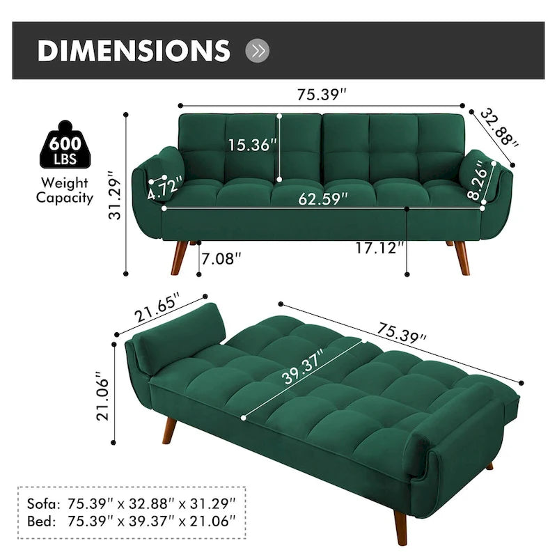 Canapé-lit futon convertible avec dossier réglable et accoudoirs-oreillers