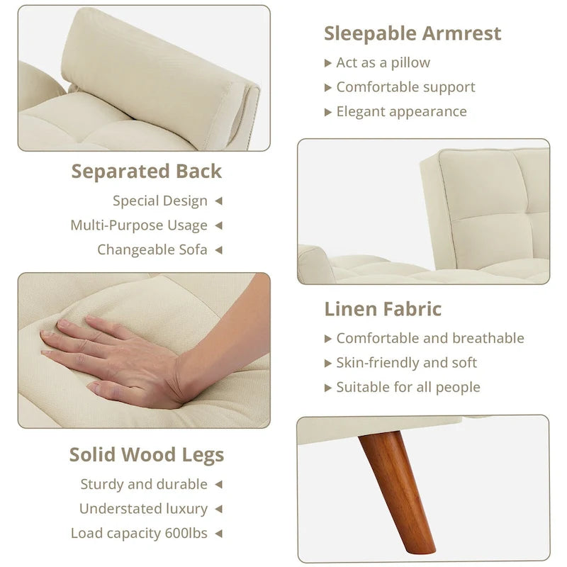 Canapé-lit futon convertible avec dossier réglable et accoudoirs-oreillers