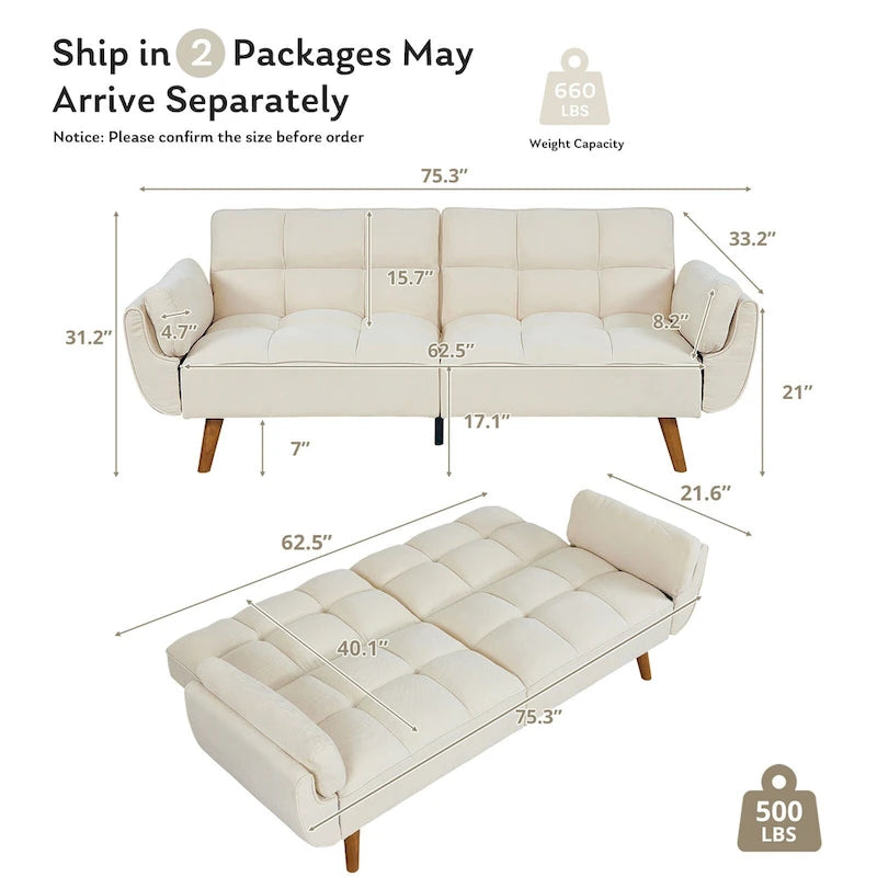 Canapé-lit futon convertible avec dossier réglable et accoudoirs-oreillers