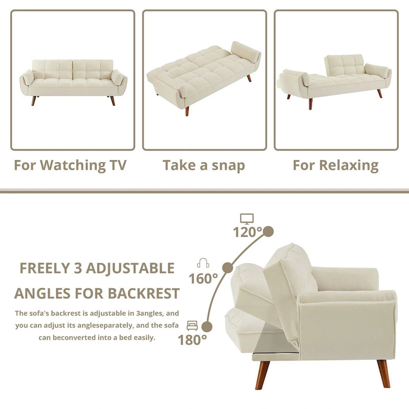 Canapé-lit futon convertible avec dossier réglable et accoudoirs-oreillers