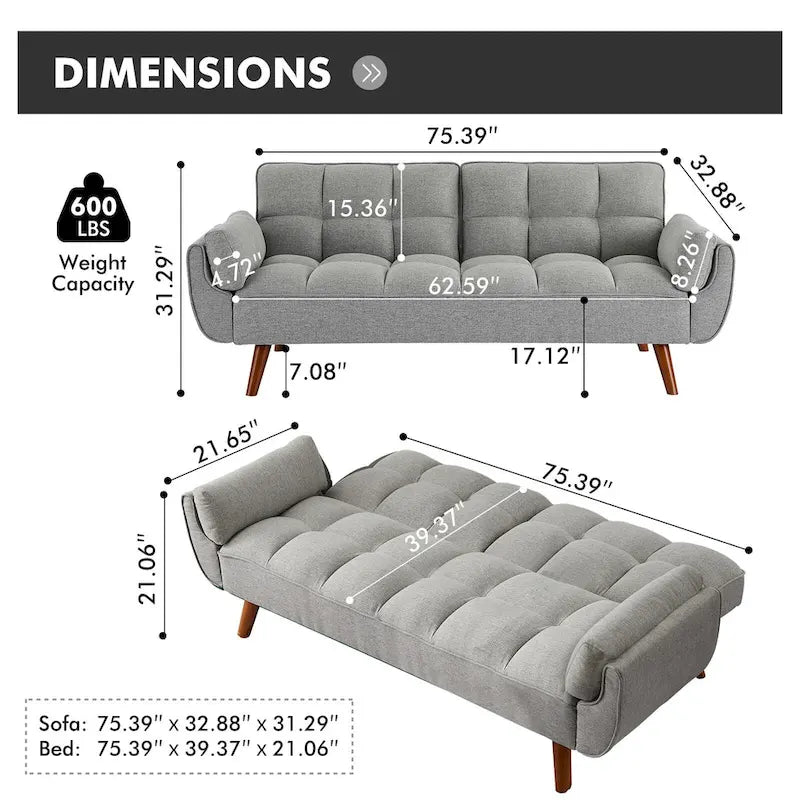 Canapé-lit futon convertible avec dossier réglable et accoudoirs-oreillers