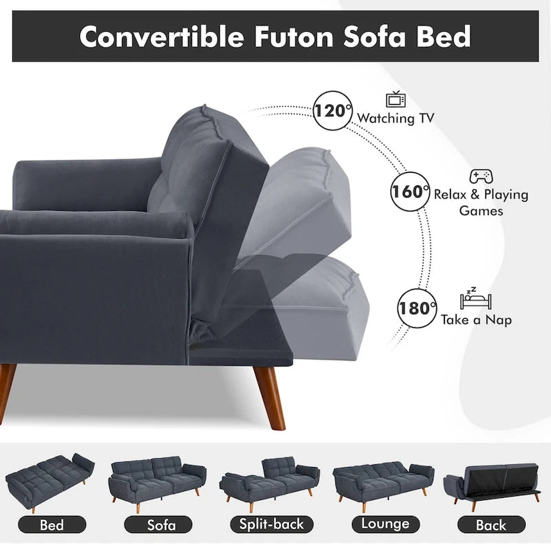 Canapé-lit futon convertible avec dossier réglable et accoudoirs-oreillers