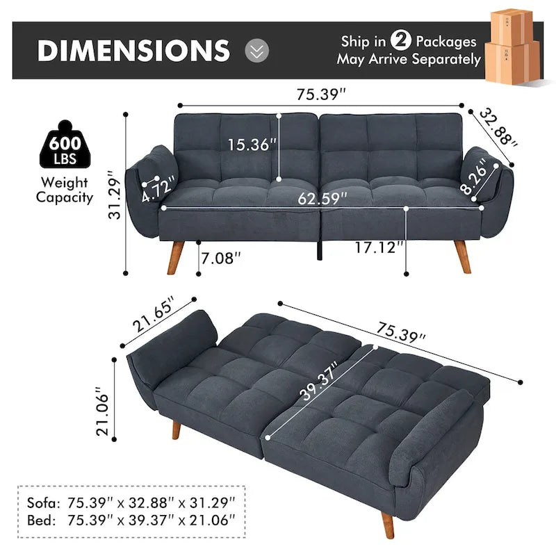 Canapé-lit futon convertible avec dossier réglable et accoudoirs-oreillers