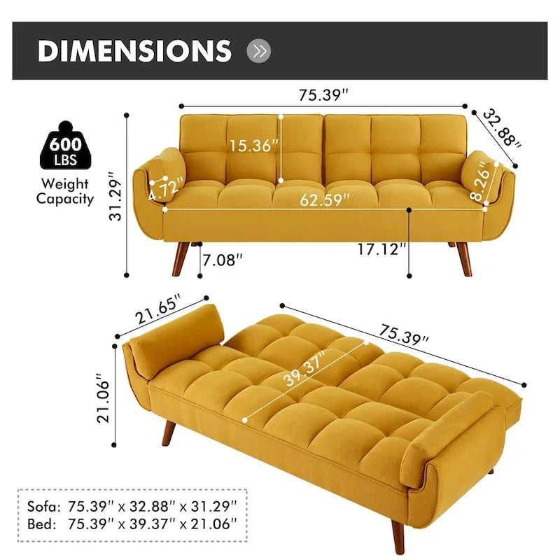 Canapé-lit futon convertible avec dossier réglable et accoudoirs-oreillers
