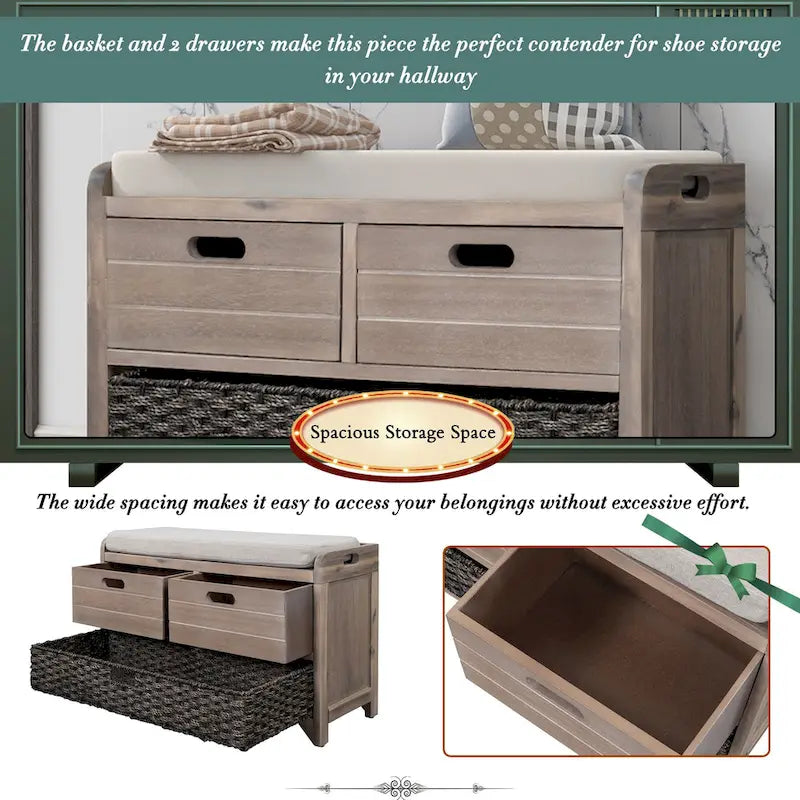 Banc de rangement avec panier amovible et 2 tiroirs