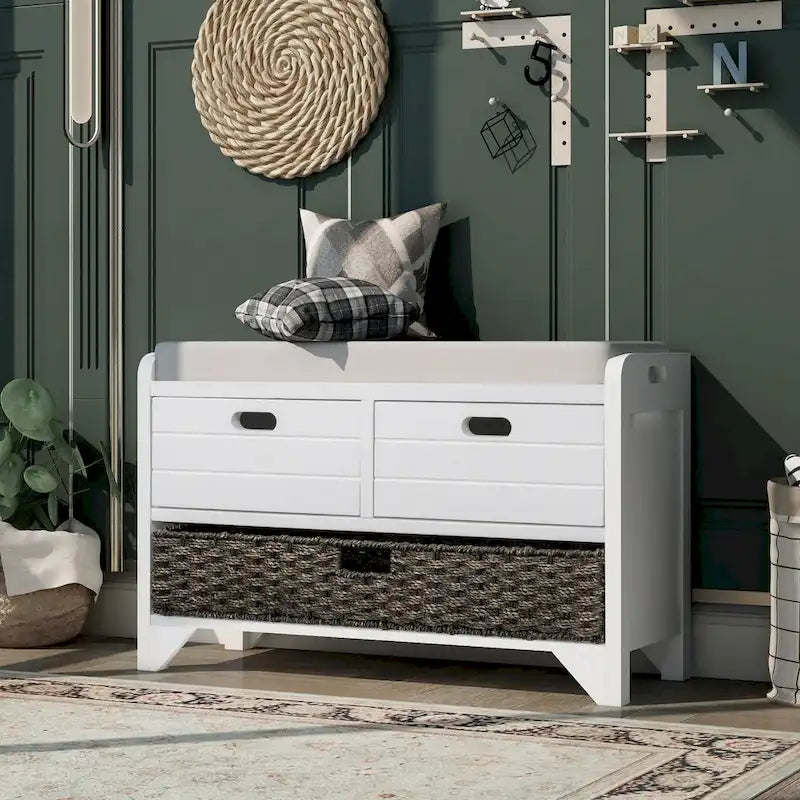 Banc de rangement avec panier amovible et 2 tiroirs