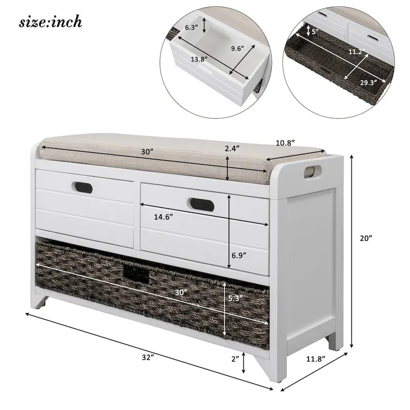 Banc de rangement avec panier amovible et 2 tiroirs