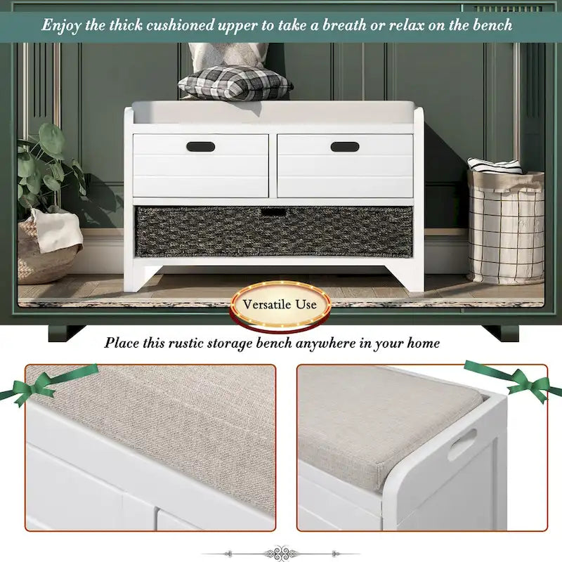 Banc de rangement avec panier amovible et 2 tiroirs
