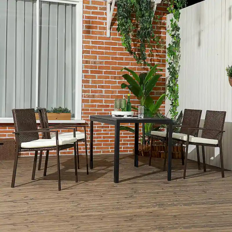 Chaise de salle à manger d'extérieur en rotin PE avec coussin, chaise en osier à dossier haut avec dossier et accoudoirs pour terrasse