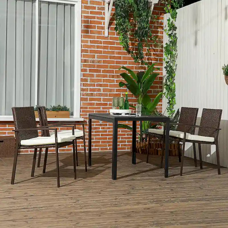 Chaise de salle à manger d'extérieur en rotin PE avec coussin, chaise en osier à dossier haut avec dossier et accoudoirs pour terrasse
