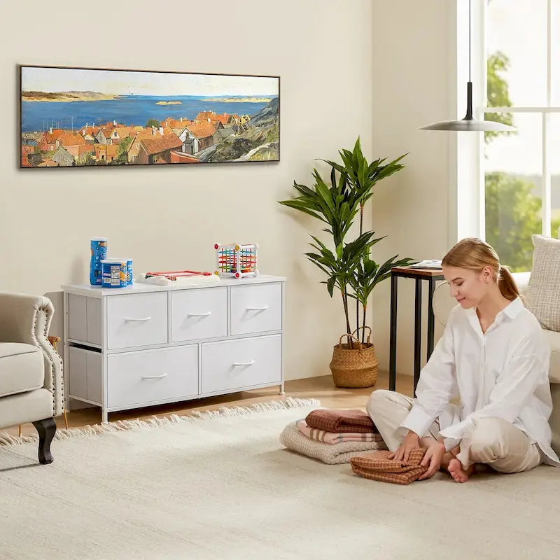 Commode à 5 tiroirs, Organiseur de rangement vertical en tissu pour Chambre, Placard, Crèche et Salle de jeux