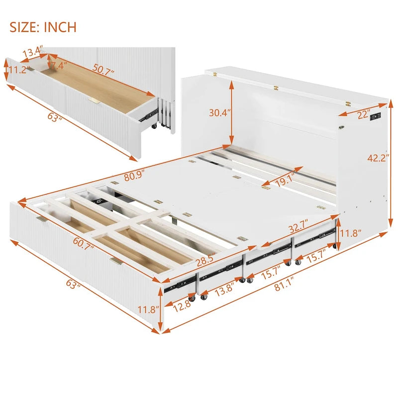 Lit escamotable avec tiroir et prises et ports USB
