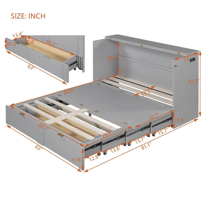 Lit escamotable avec tiroir et prises et ports USB