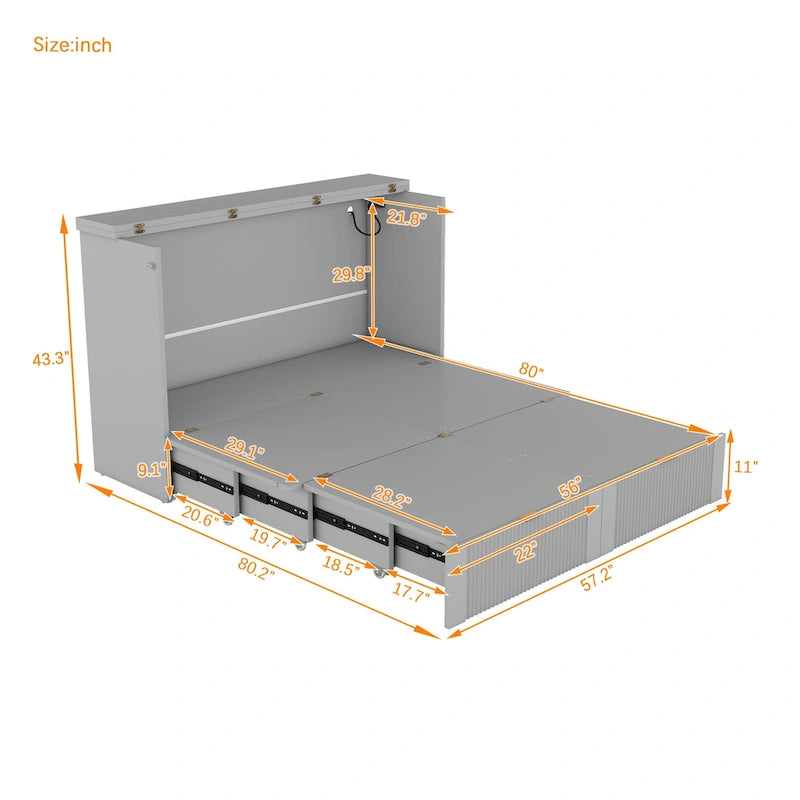 Lit escamotable avec tiroir et prises et ports USB